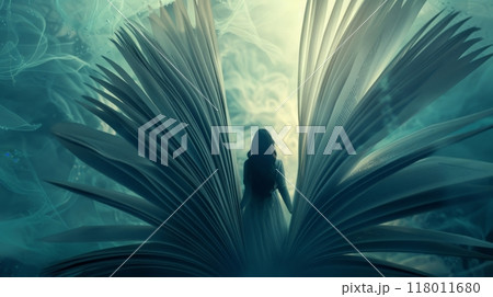 A woman with flowing hair faces a magical atmosphere where large, open books fan out behind her, suggesting a connection to fantastical stories and imagination A woman with flowing hair faces a magical atmosphere where large, open books fan out behind her, suggesting a connection to fantastical stories and imagination 118011680