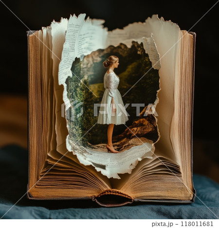 A young woman dressed in white stands within the pages of a creatively altered book, blending elements of fantasy and literature in a captivating manner A young woman dressed in white stands within the pages of a creatively altered book, blending elements of fantasy and literature in a captivating manner 118011681