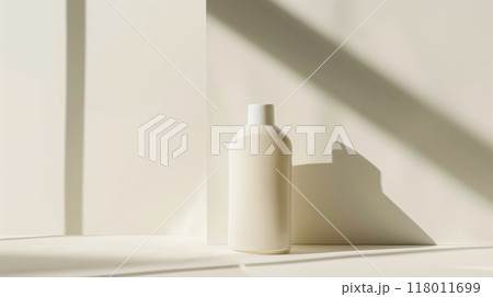 A white bottle stands alone against a light backdrop, illuminated by soft natural light A white bottle stands alone against a light backdrop, illuminated by soft natural light 118011699