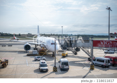 Airplanes at Vienna International Airport in Vienna, capital of the Austria, hub for Austrian Airlines 118011817