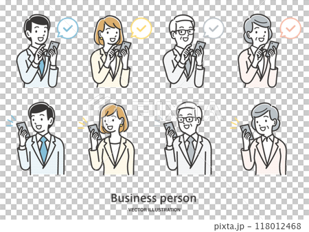 Illustration set of male and female office workers operating smartphones Illustration set of male and female office workers operating smartphones 118012468