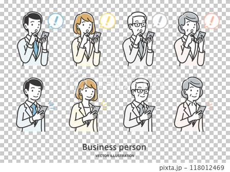 Illustration set of male and female office workers operating smartphones Illustration set of male and female office workers operating smartphones 118012469