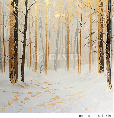 A winter forest captivates with gold foil highlights amidst a tranquil white background 118012616