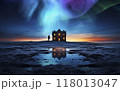 アイスランドのオーロラと朝焼け　家と水面に反射する星空 118013047