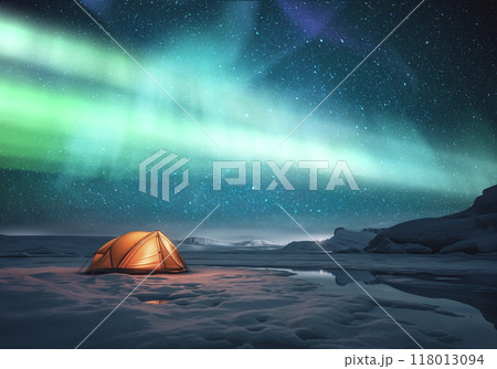 北極のオーロラと輝く銀河 118013094