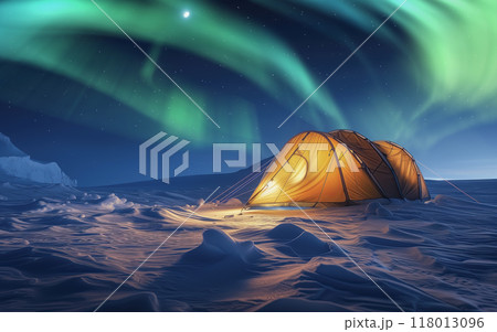 北極のオーロラ 雪原のテント上空に広がる星空 北極のオーロラ 雪原のテント上空に広がる星空 118013096
