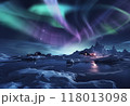 北極のオーロラの星空と冬の釣り小屋 118013098