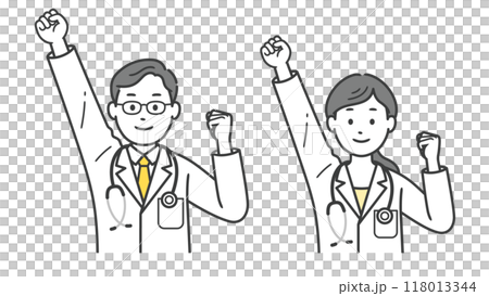 Upper body illustration of a male and female doctor doing a fist pump 118013344