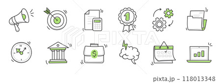 Hand drawn doodle business, money icon set. Finance, money, marketing sketch drawn cute trendy line doodle icon. Business bank, finance calculator, economic goal elements. Vector 118013348