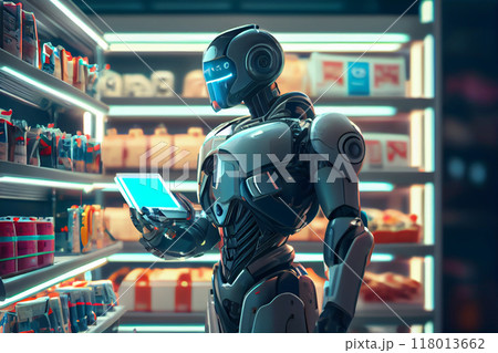 Humanoid robot makes purchases in the grocery store. Future concept with robotics and artificial intelligence. 118013662