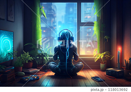 a girl meditates in the lotus position at home with panoramic windows overlooking the city. 118013692