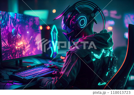 Professional cyber gamer studio room with personal computer armchair, keyboard for stream in neon color blur background. Soft focus. 118013723