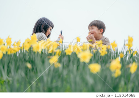 お花畑で遊ぶきょうだい 仲良しイメージ お花畑で遊ぶきょうだい 仲良しイメージ 118014069
