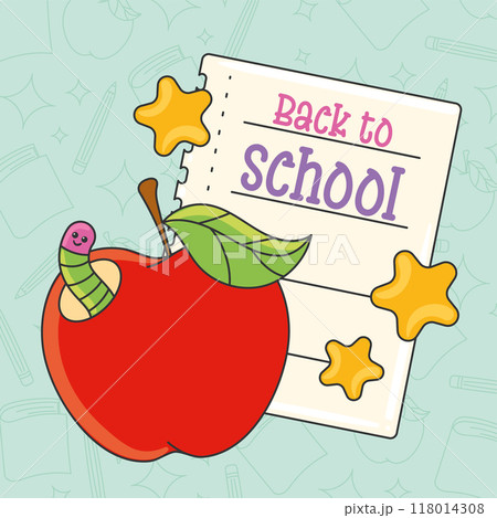 Red apple with worm and back to school note Vector 118014308