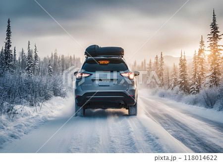 冬の雪道を走るRV車 冬の雪道を走るRV車 118014622