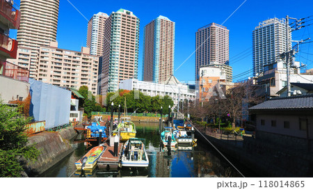 東京都中央区佃界隈の風景とビル群（リバーシティ21など）の風景 118014865