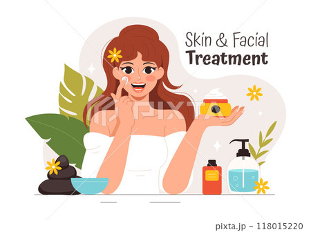 Vector Illustration of Facial and Skin Treatment featuring Womens Skincare, Anti Aging Procedures, Massage and SPA Wellness in a Cartoon Background 118015220