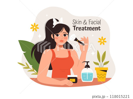 Vector Illustration of Facial and Skin Treatment featuring Womens Skincare, Anti Aging Procedures, Massage and SPA Wellness in a Cartoon Background 118015221