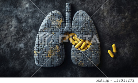 パズルのピースで組み立てた肺に薬が詰まっている 118015272