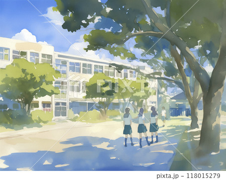 夏空　学生と校庭の様子　水彩画 118015279