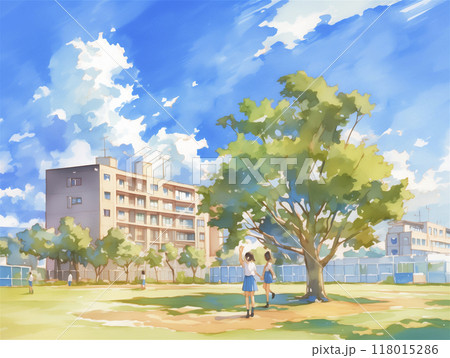 夏空 学生と校庭の様子 水彩画のイラスト素材 [118015286] - PIXTA