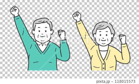 Upper body illustration of an elderly chubby man and woman doing a fist pump 118015573