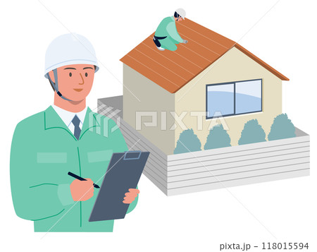 屋根修理の見積もりのために屋根を査定するリフォーム会社員のベクターイラスト 118015594