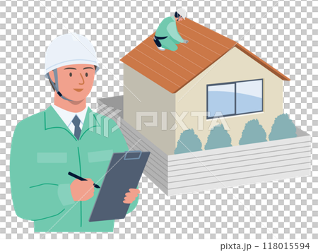 屋根修理の見積もりのために屋根を査定するリフォーム会社員のベクターイラスト 118015594