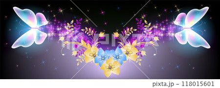 Flying delightful butterflies with sparkle and blazing trail flying in night sky among shiny glowing stars in cosmic space. Animal protection day concept. Flying delightful butterflies with sparkle and blazing trail flying in night sky among shiny glowing stars in cosmic space. Animal protection day concept. 118015601