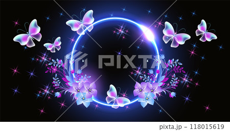 Glowing fairytale neon round frame with magical transparent butterflies and flowers. Abstract fantastic background. 118015619
