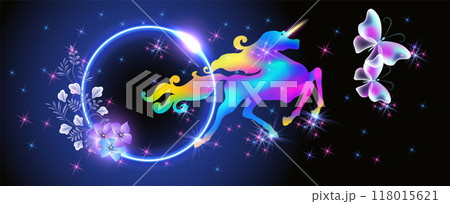 Unicorn and neon portal with magical, delightful butterflies and flowers against the backdrop of fabulous tarry sky. Unicorn and neon portal with magical, delightful butterflies and flowers against the backdrop of fabulous tarry sky. 118015621
