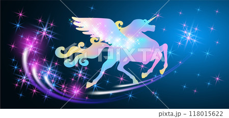Fairy tale Unicorn against the backdrop of magical night starry sky. Fairy tale Unicorn against the backdrop of magical night starry sky. 118015622