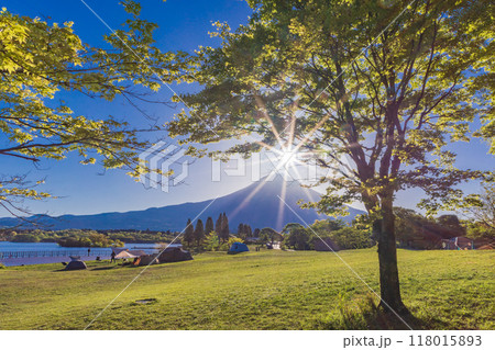 【静岡県】田貫湖キャンプ場と富士山 日の出(10本光条) 【静岡県】田貫湖キャンプ場と富士山 日の出(10本光条) 118015893