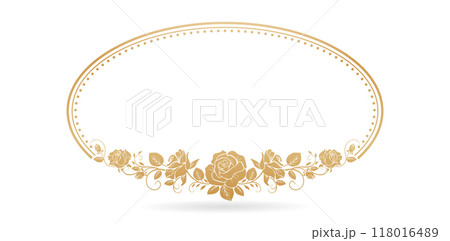 golden floral ellipse frame with roses flower on a white backgrounds for screen printing, paper craft printable designs, wedding invitation cover, stationery design material print paper, greeting card 118016489