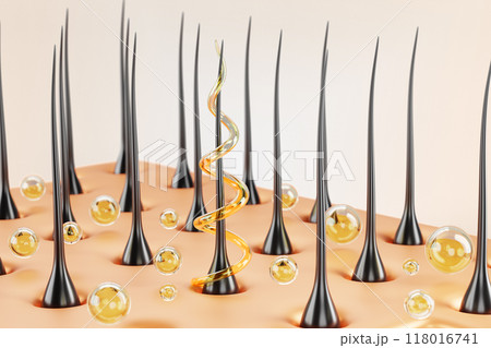 3d hair care, scalp with follicles, golden spiral swirl and oil drops. Keratin repair, nourish and treatment. Yellow liquid droplets of cosmetic product serum or shampoo render banner. 3D illustration 3d hair care, scalp with follicles, golden spiral swirl and oil drops. Keratin repair, nourish and treatment. Yellow liquid droplets of cosmetic product serum or shampoo render banner. 3D illustration 118016741