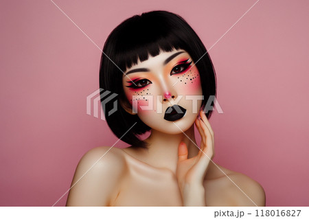 黒色の口紅、おかっぱ女性 黒色の口紅、おかっぱ女性 118016827