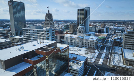 Aerial Winter Cityscape, Snowy Downtown Fort Wayne, Clear Blue Sky Aerial Winter Cityscape, Snowy Downtown Fort Wayne, Clear Blue Sky 118016837