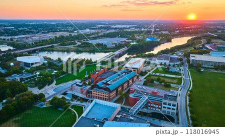 Aerial Golden Hour Cityscape with River and Modern Architecture Aerial Golden Hour Cityscape with River and Modern Architecture 118016945