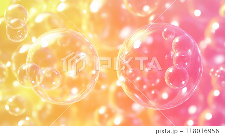 空間に浮かんだ美しく輝くピンク色と黄色のバブルをリアルに描いたAI生成画像 118016956