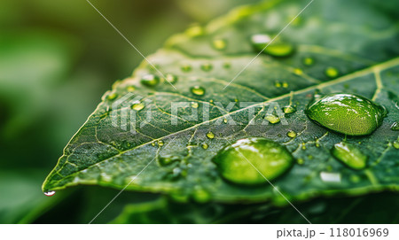 緑色の葉に乗った美しい朝露をクローズアップでリアルに描いたAI生成画像 緑色の葉に乗った美しい朝露をクローズアップでリアルに描いたAI生成画像 118016969