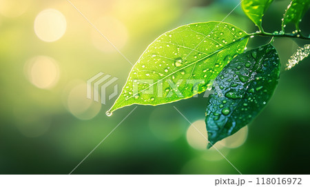 緑色の葉に乗った美しい朝露をクローズアップでリアルに描いたAI生成画像 118016972