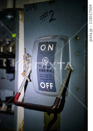Industrial Power Switch in Abandoned Factory - Close-up View 118017004