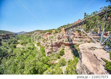 Steel Bridge Spanning Canyon in Sedona Landscape, High Angle View 118017073