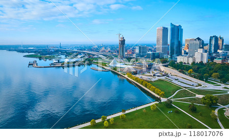 Aerial Milwaukee Skyline and Waterfront Park by Lake Michigan 118017076