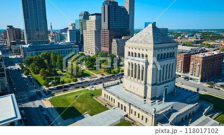 Aerial View of Indiana War Memorial, Urban Park and Skyscrapers 118017102