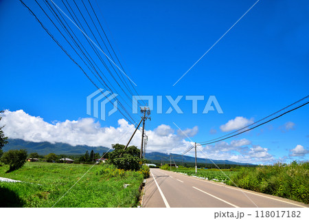 《長野県》夏の野辺山高原　青い空と真っ直ぐな道 118017182
