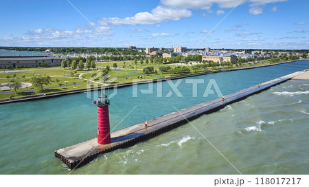 Aerial View of Kenosha Lighthouse Pier and Marina 118017217