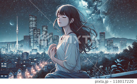 城景都　景空　女性画　H97 夜空と街の夜景を見ている女性のイラスト素材 [118017220] - PIXTA