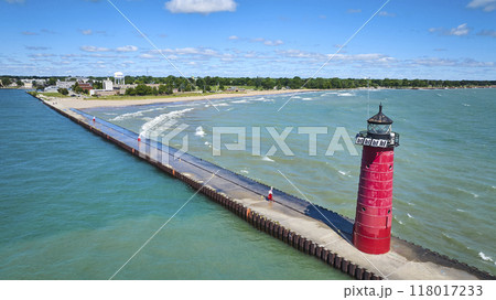Aerial View of Kenosha Lighthouse Pier in Lake Michigan 118017233