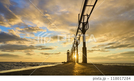 Aerial Sunset Over St Joseph Lighthouse and Pier 118017284